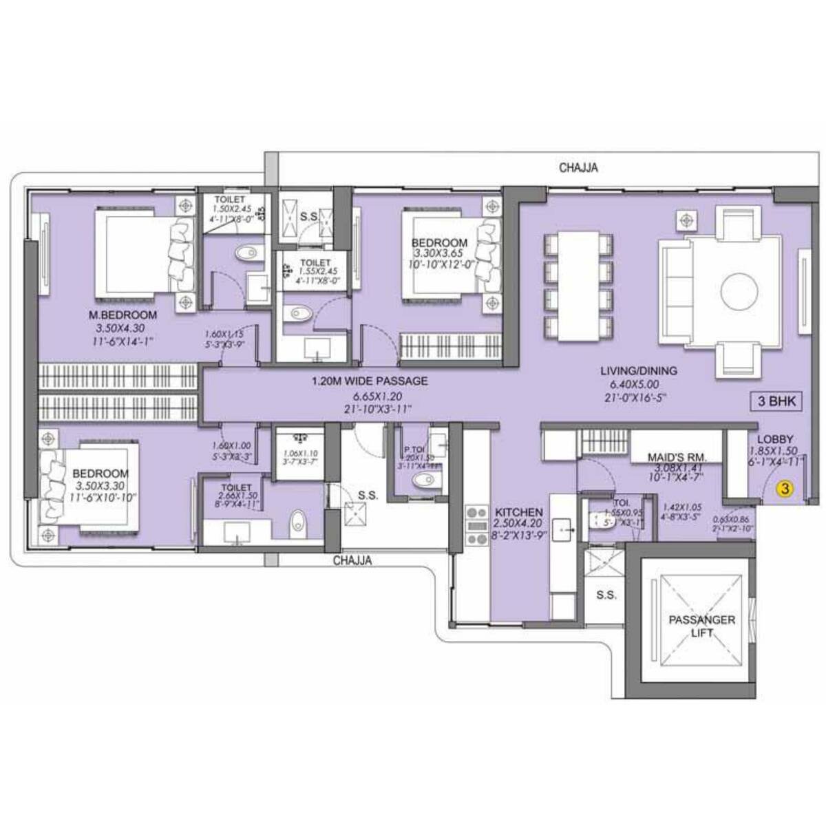 Sheth-Beaumonte-Tower-B-Floor-Plan-3-BHK-1357-sqft-Unit-3